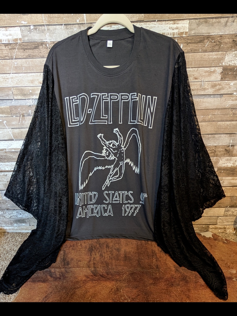 Led Zeppelin Black Graphic Tee with Lace Kimono Overlay